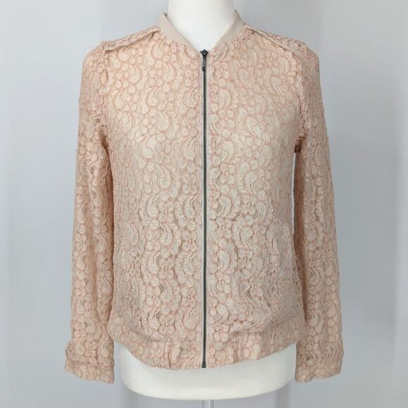 Lauren Conrad LC Light Blush Pink Floral Lace Zip Up Bomber Jacket Lined Size 6 - Picture 1 of 7